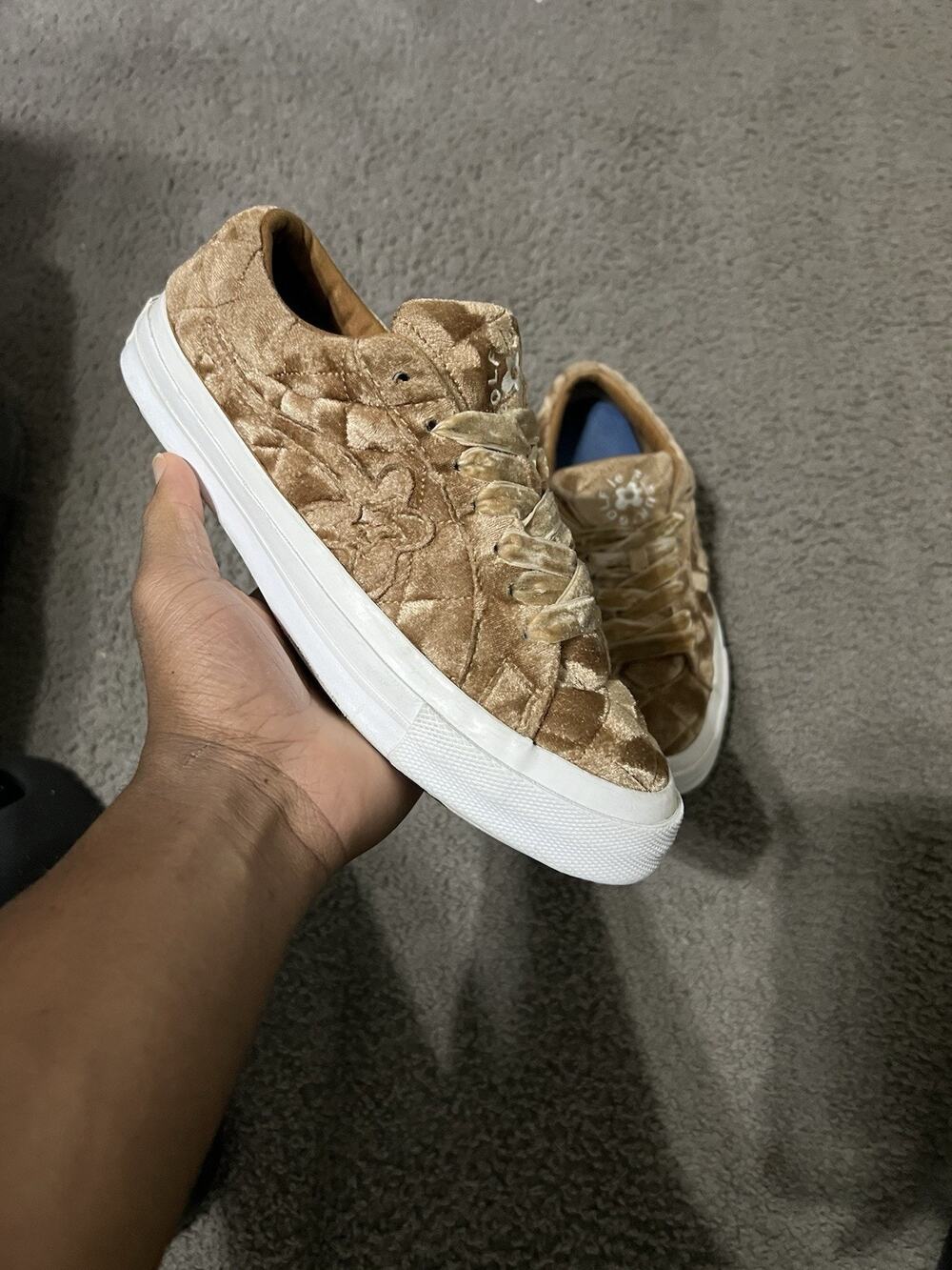 Size 7.5m- Converse One Star x Golf Le Fleur Quilted Velvet Brown Sugar Sneakers